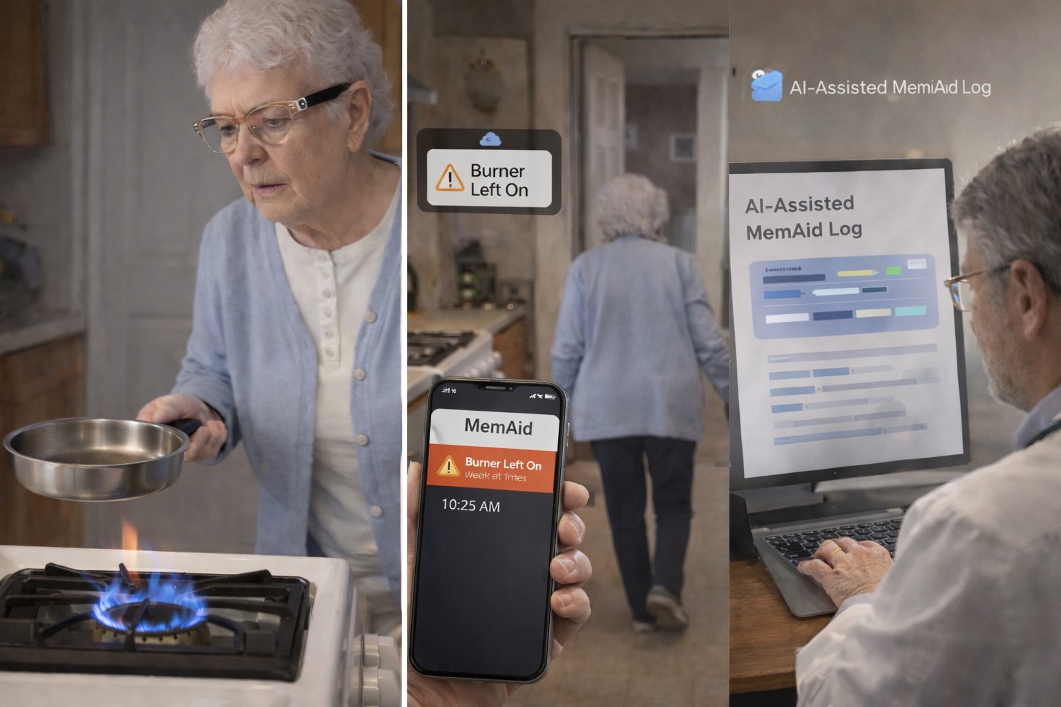 Older adult at stove, MemAid alert, and clinician log